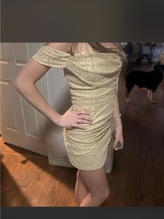 Thats So Fetch Dresses & Skirts - Gold Off-Shoulder Ruched Mini Dress